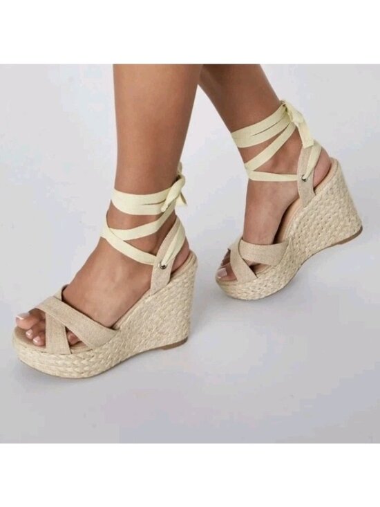 Lulu Shoes - Lulus Esme Natural Lace-Up Espadrille Wedge Sandals Shoes Size 9